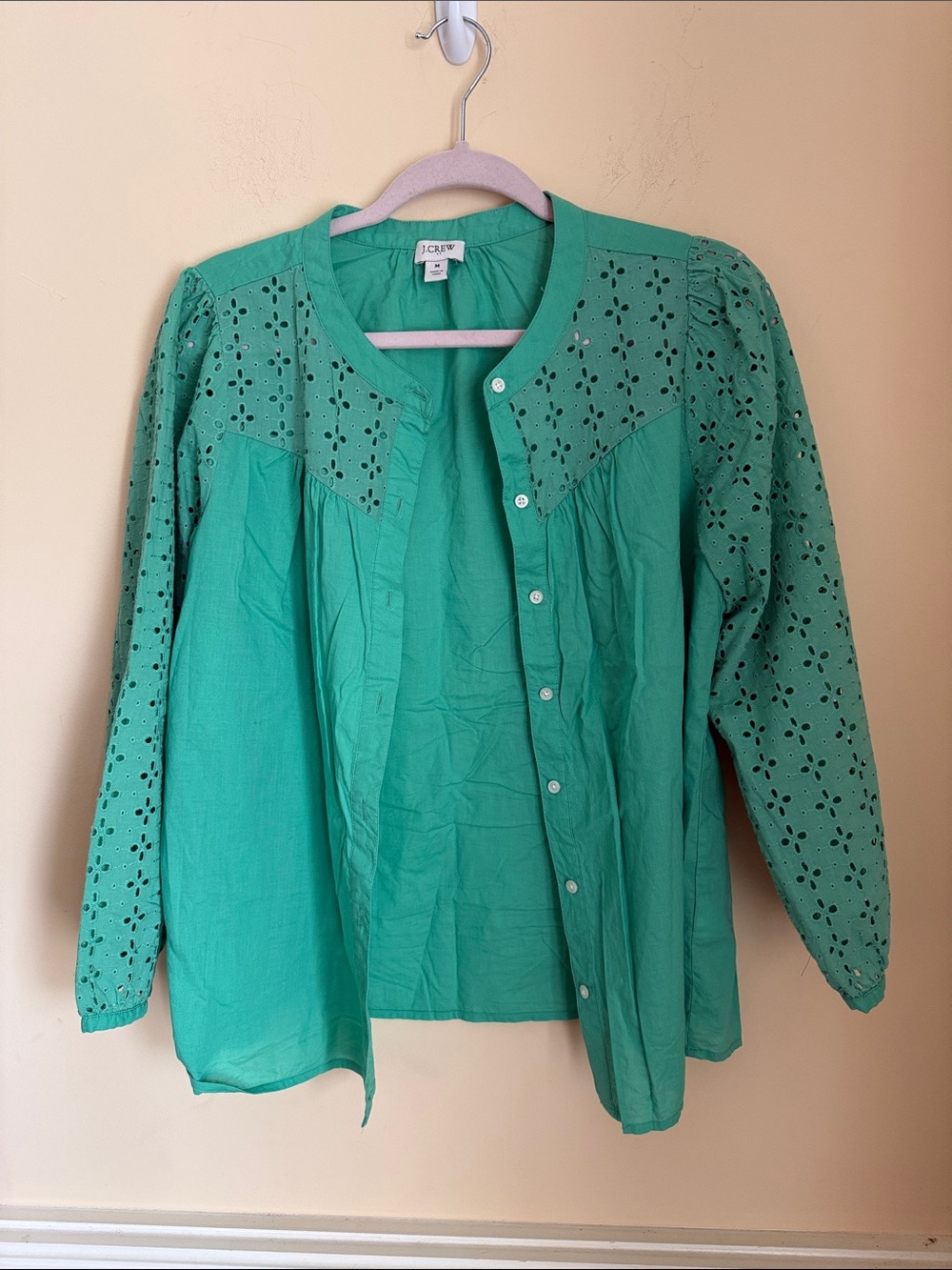 J. Crew Green Eyelet Yoke Button-Front Blouse Sizeā Medium
